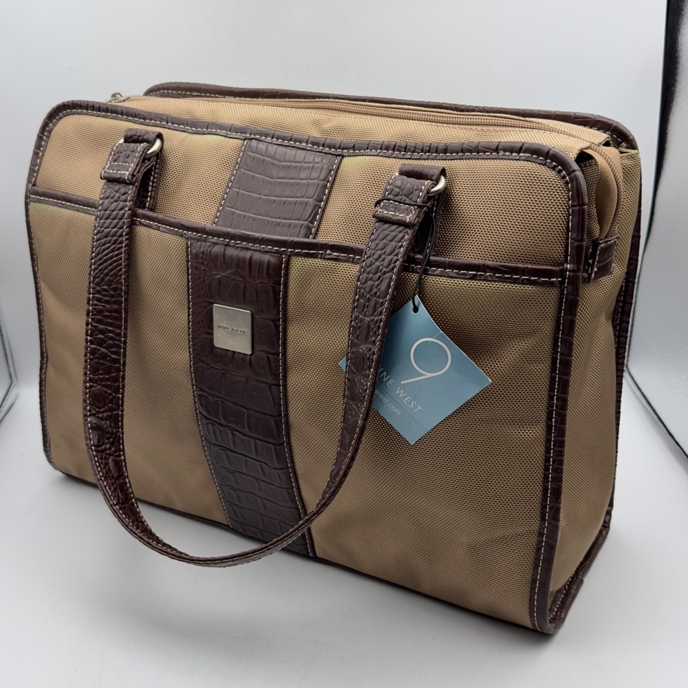 Nine West Computer Tote Tan Brown Croc Trim Laptop Bag NWT 16in Professional